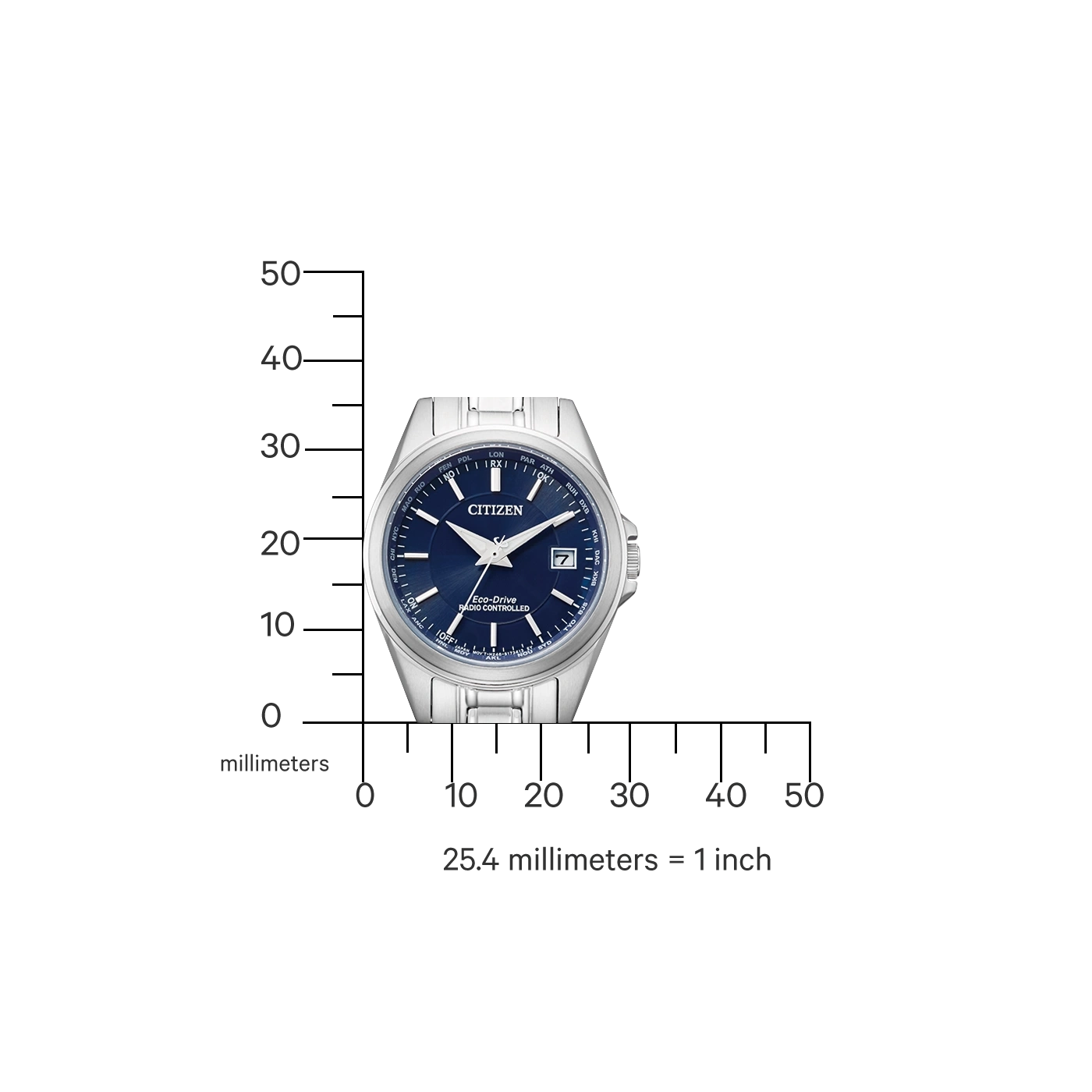 Citizen watch with blue face, silver band, and measurement scale in millimeters.