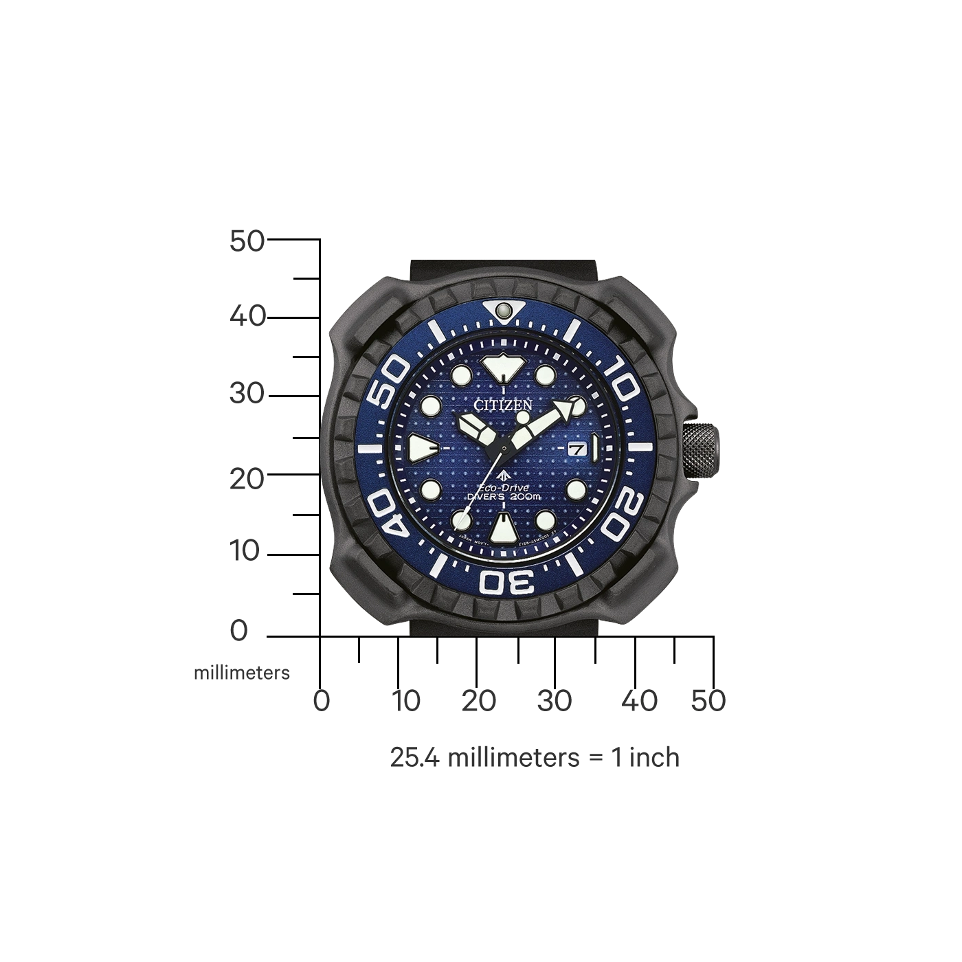 Citizen watch with blue dial and black bezel, showing time and date.
