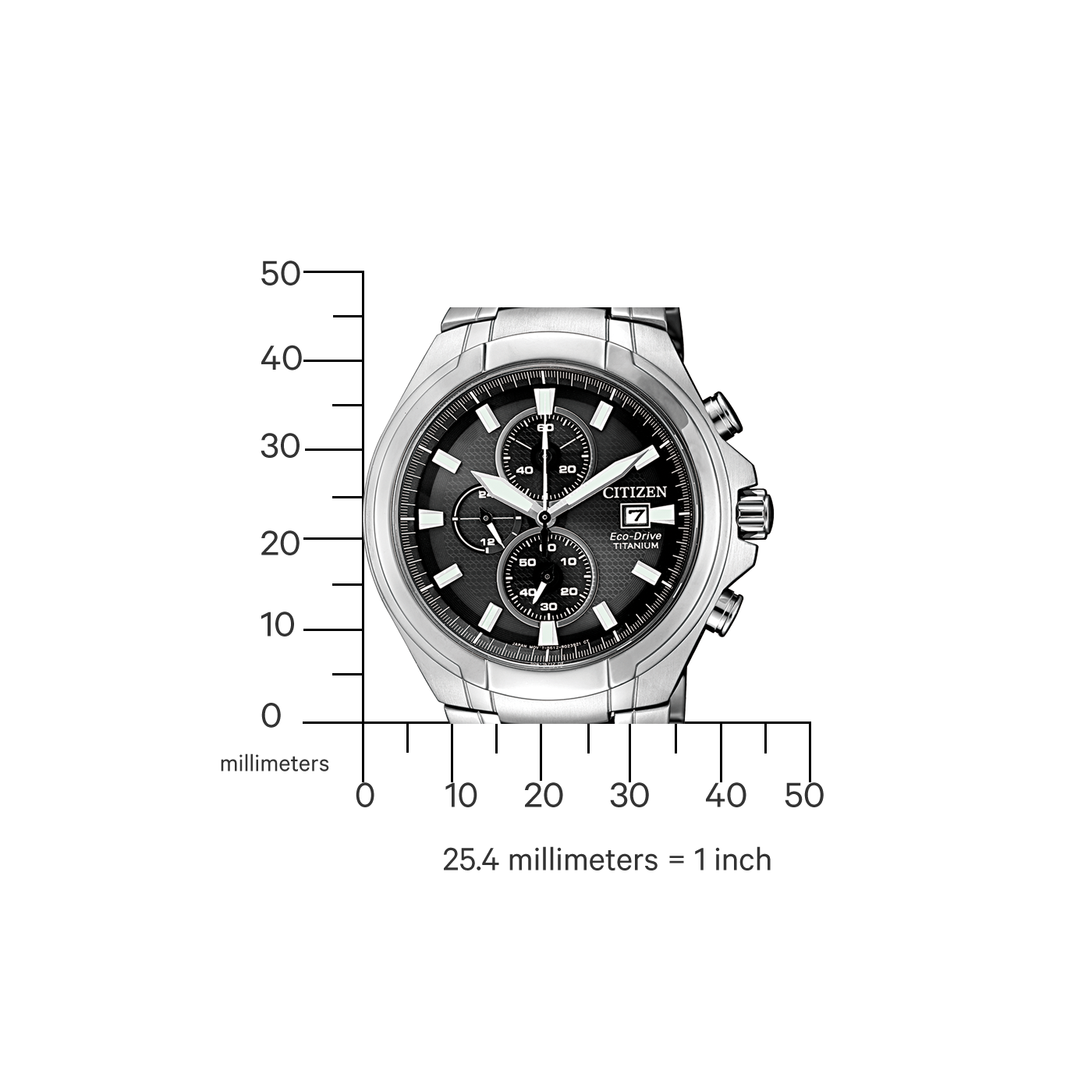 Citizen watch with black face and titanium Eco-Drive, measuring millimeters.
