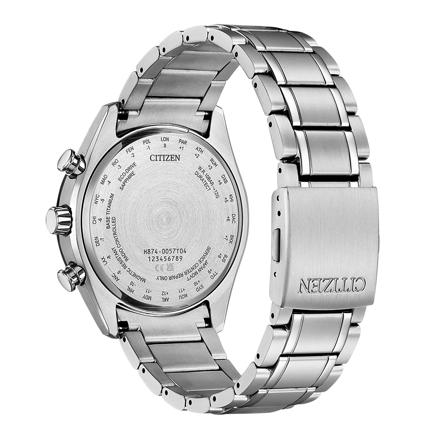 Citizen watch back with details of time zones, model number, and features.