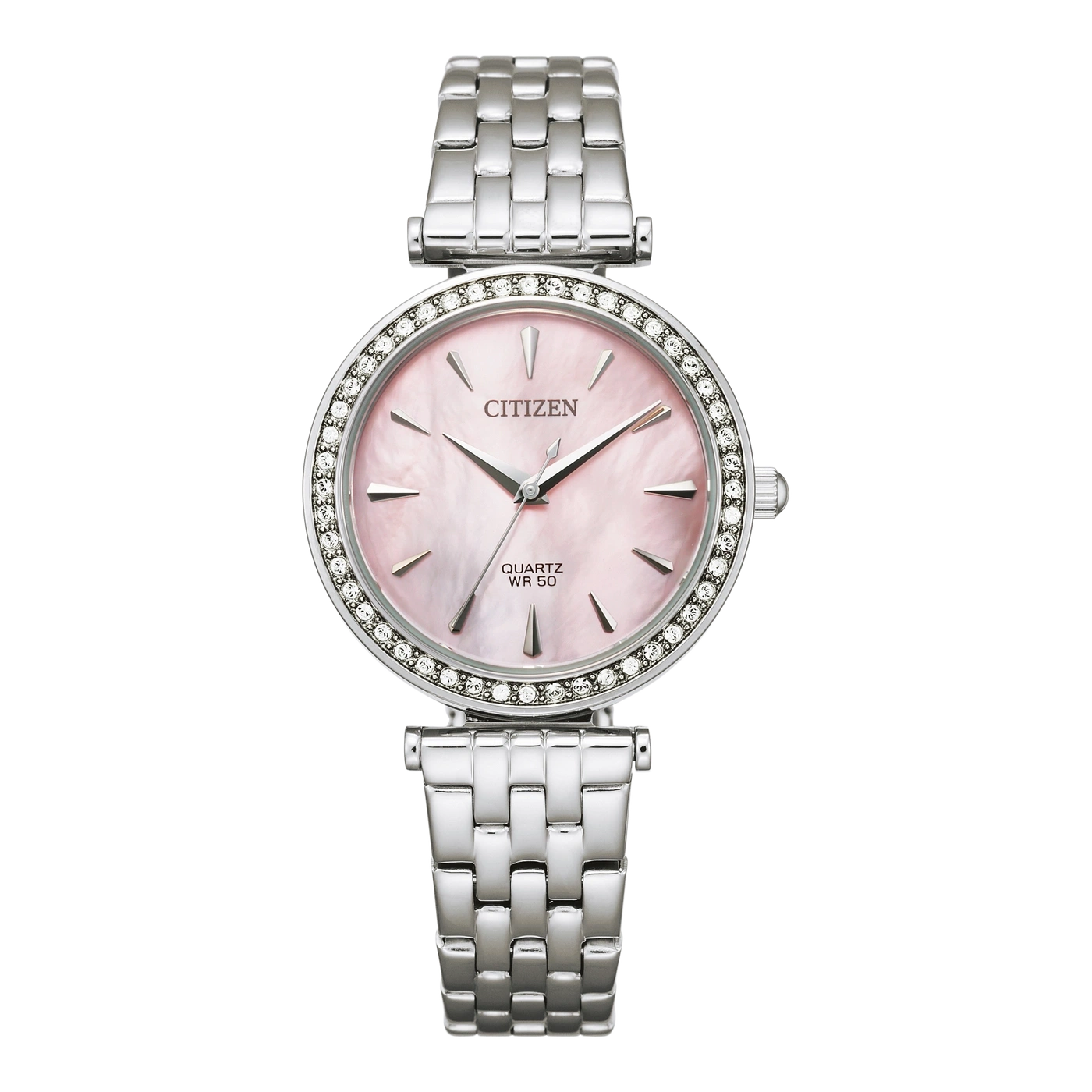 Citizen watch with pink face and diamond bezel, silver bracelet