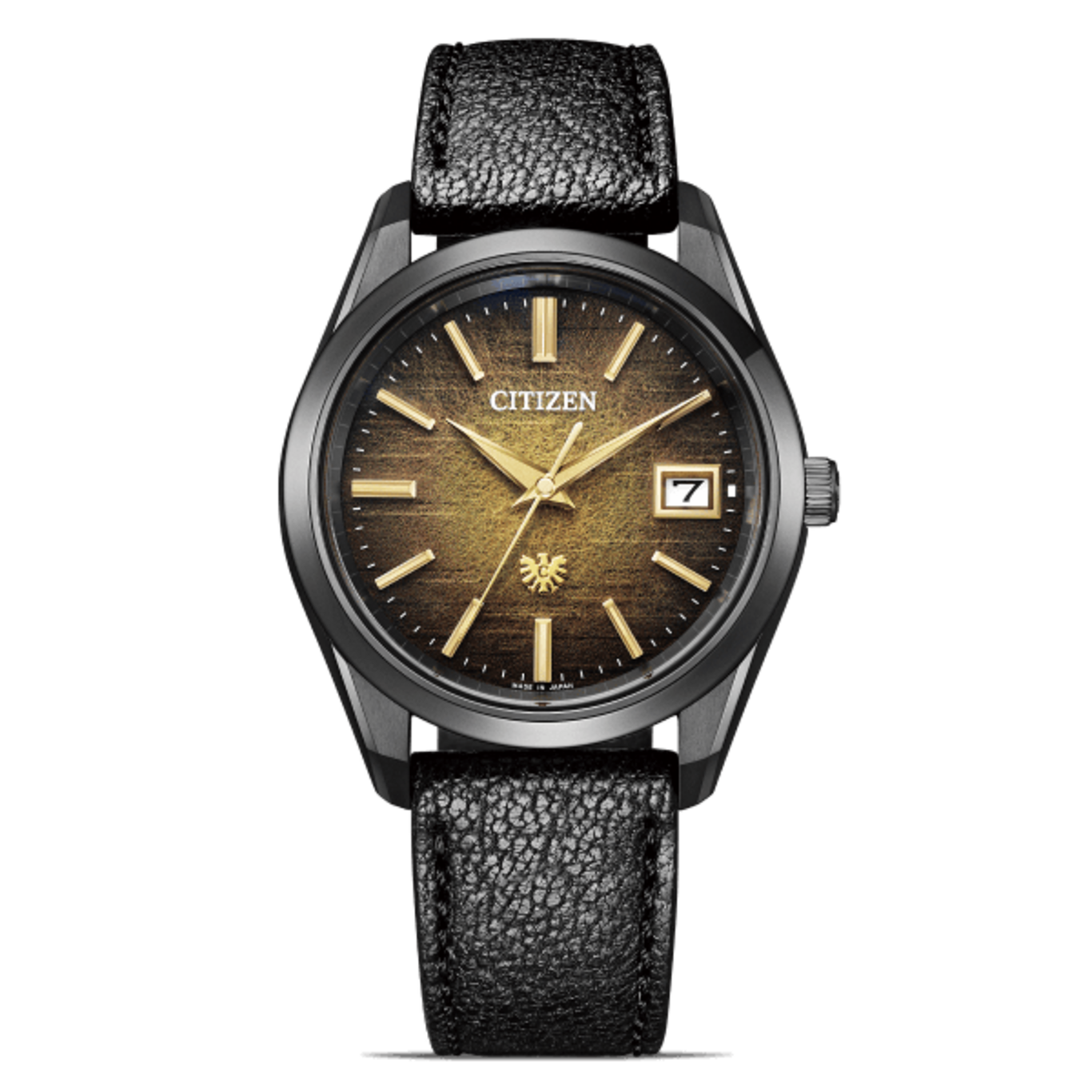 Citizen watch with a black strap and a golden face, date display.