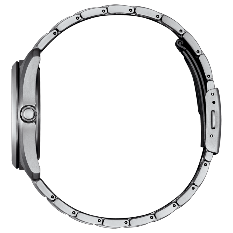 Side view of a silver watch band and case
