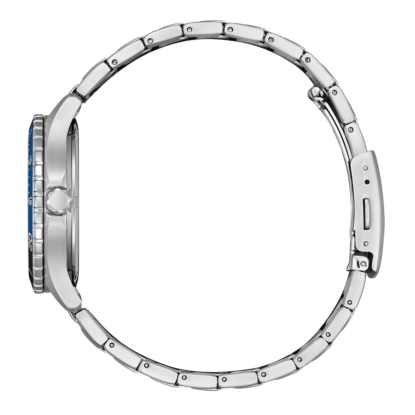 Side view of a silver watch with a blue bezel and metal band.