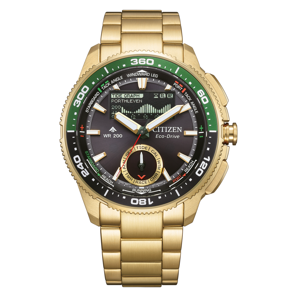 A gold Citizen Eco-Drive watch with a black dial and green accents.