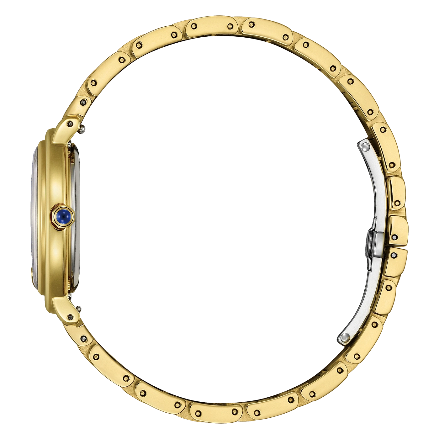 Gold watch with blue gem and gold bracelet, side view, elegant design