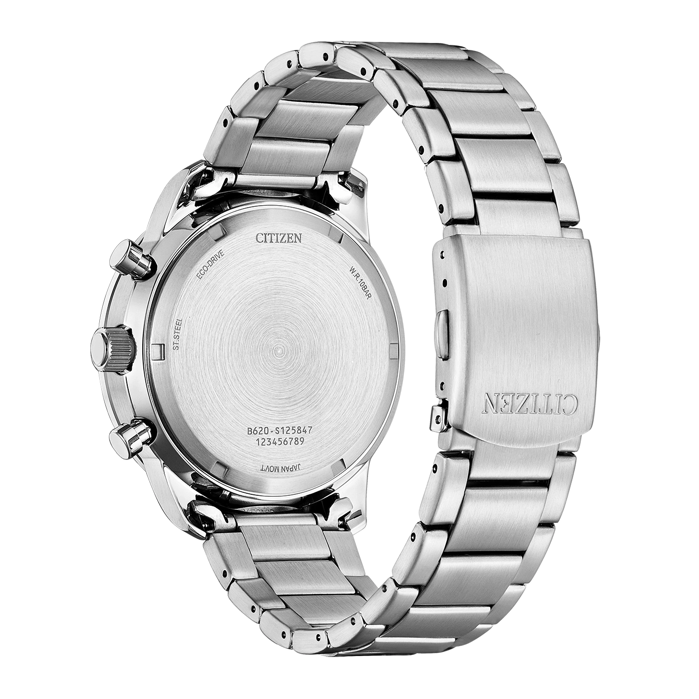 Citizen watch back, stainless steel, Eco-Drive, water resistant, Japan movement.