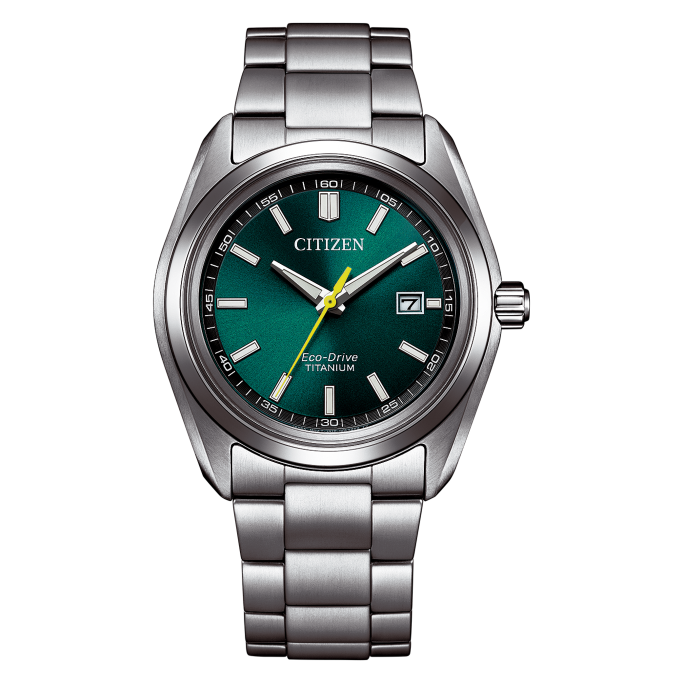 A close-up of a Citizen Eco-Drive titanium watch with a green dial.