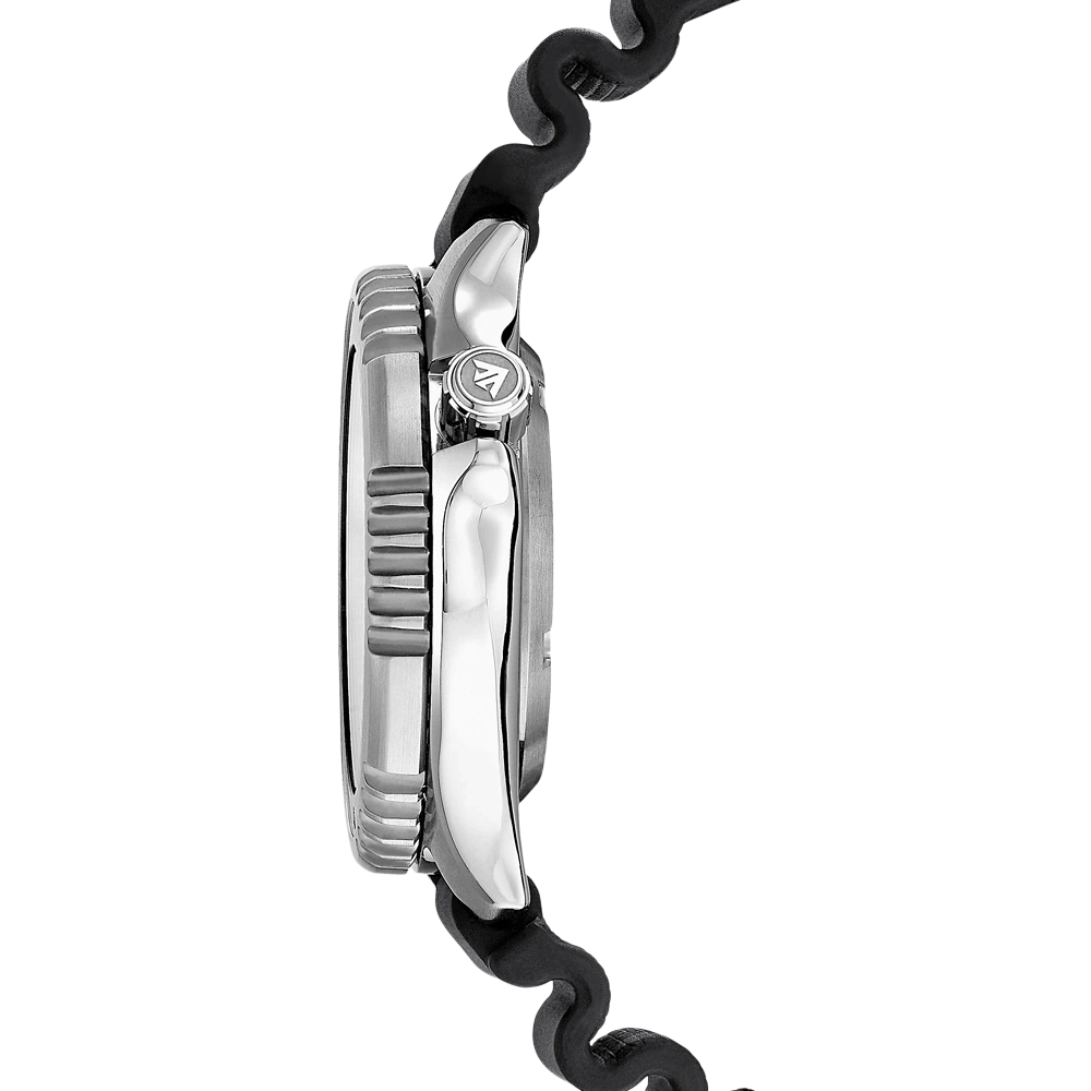 Side view of a silver watch with a black rubber strap.