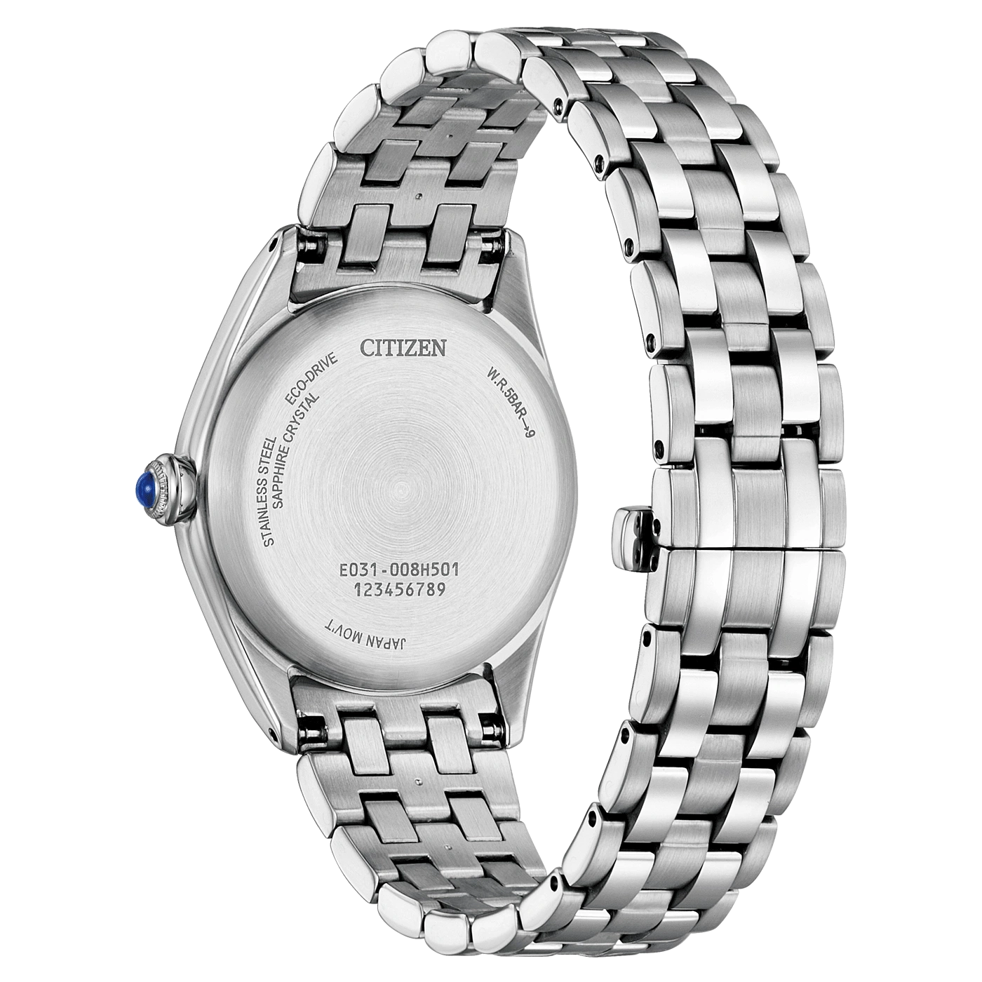 Citizen watch back, stainless steel, sapphire crystal, eco-drive, Japan movt.