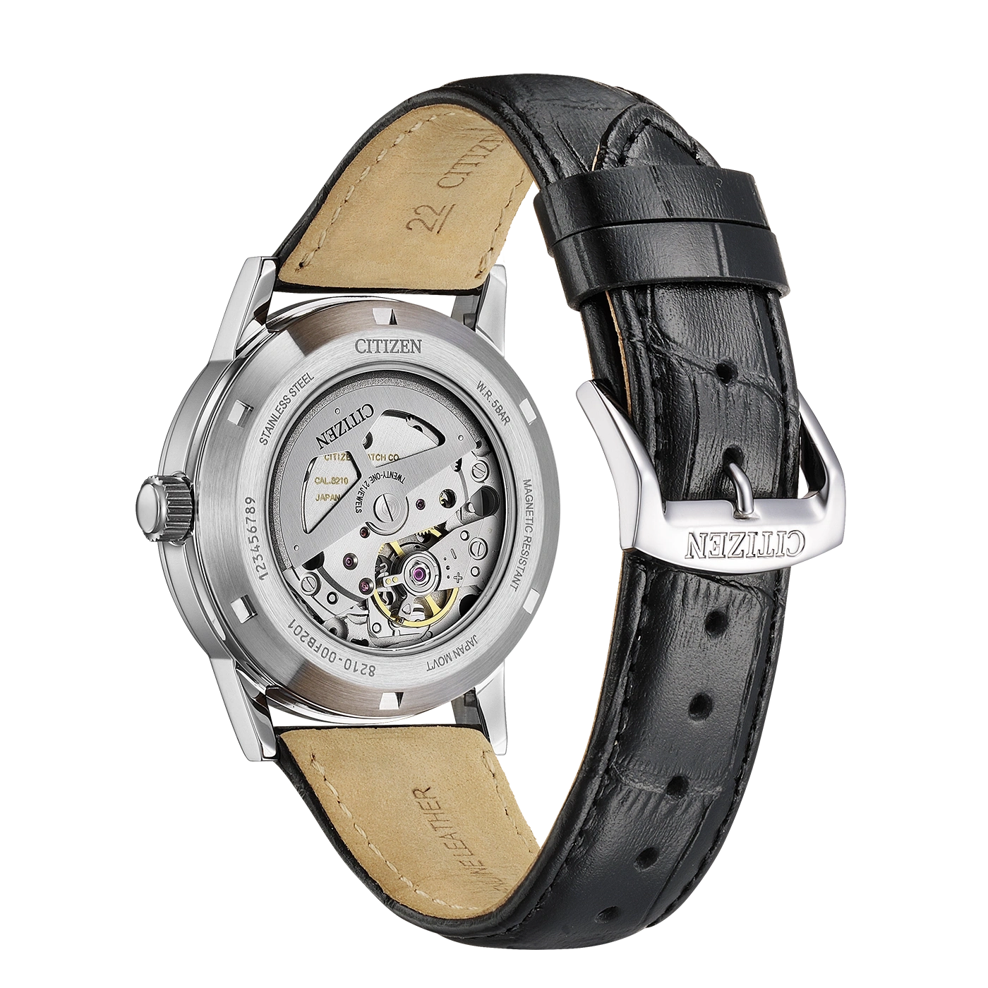 Back of a Citizen automatic watch with leather strap