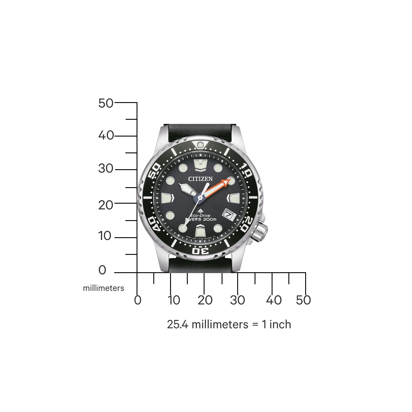 Citizen watch with black dial, orange hand, and measurement scale.