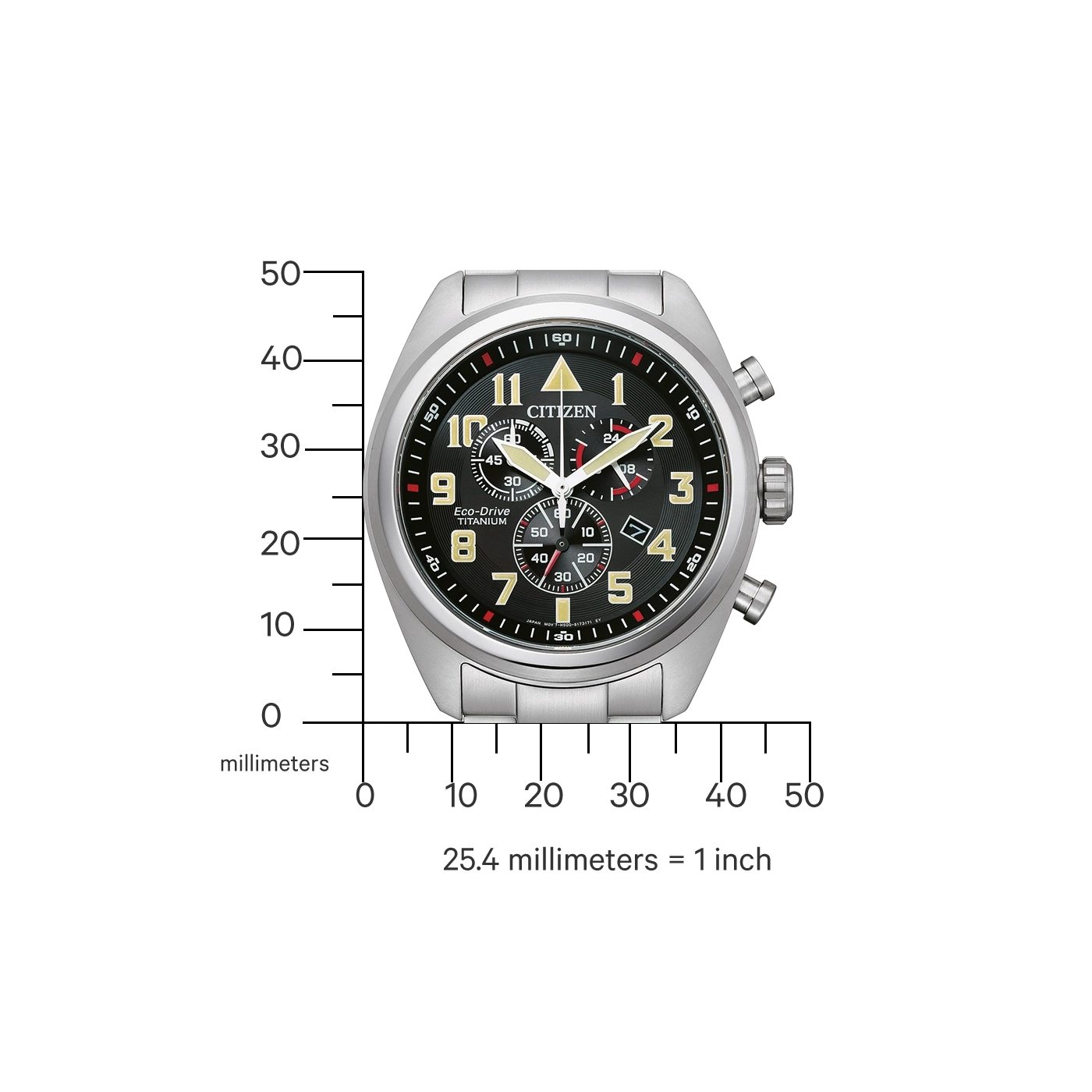 Citizen watch with black face, titanium, Eco-Drive, chronograph, and numbers. Silver bracelet.