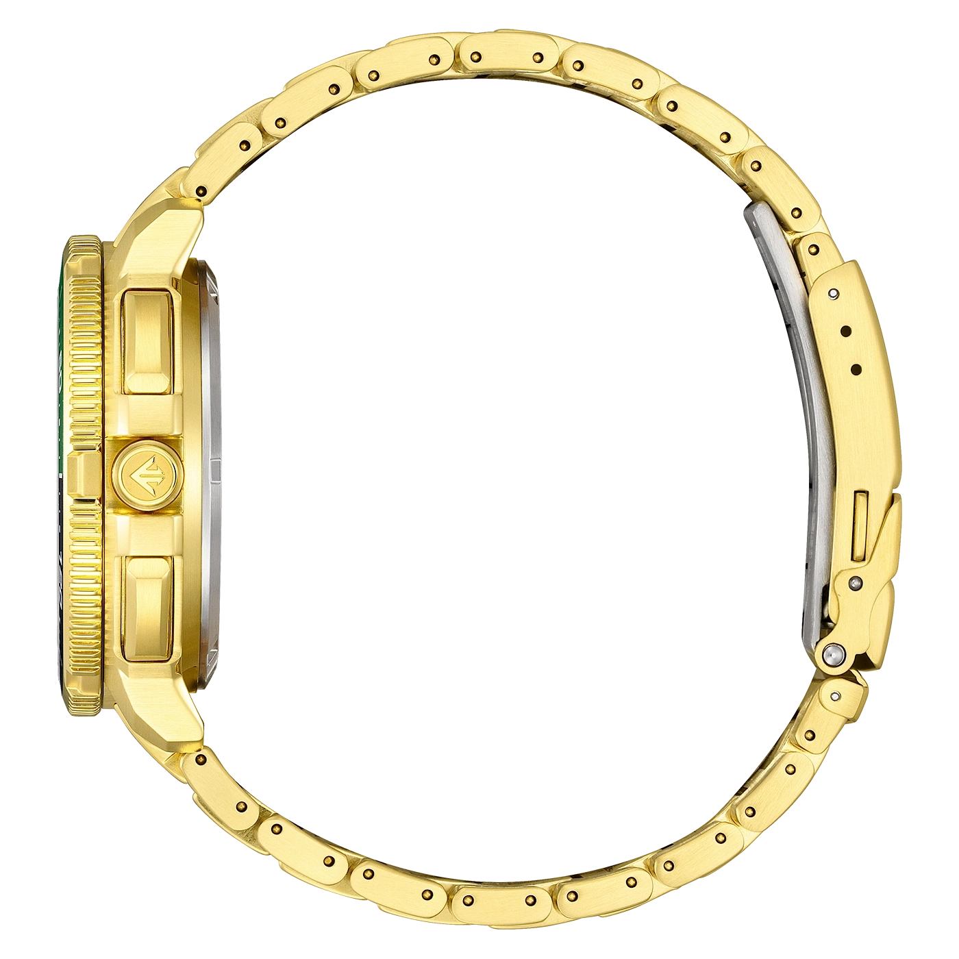 A gold watch bracelet with a black background.