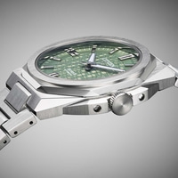 Close-up of a green Citizen Series 8 automatic watch with a metal band.