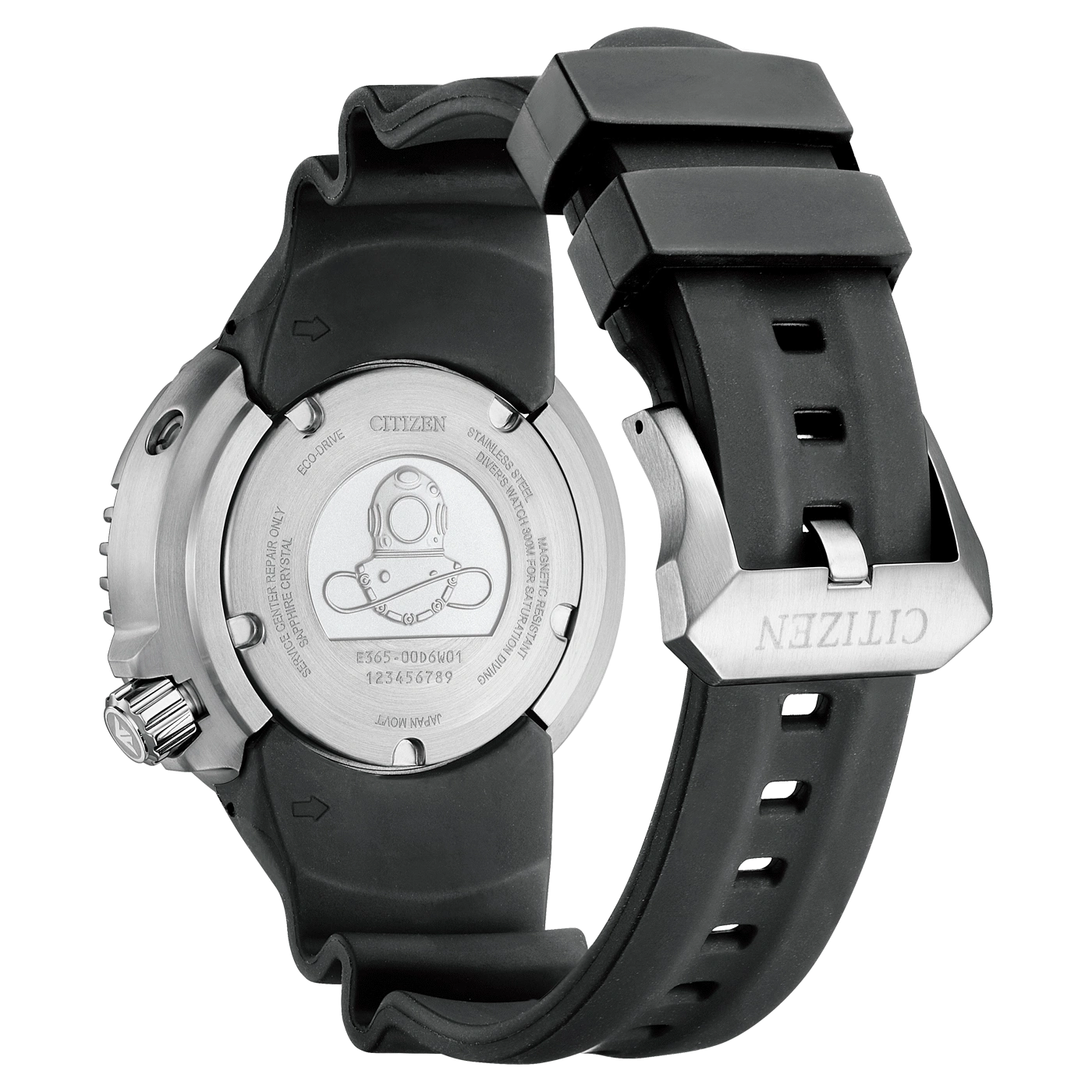 Citizen watch back, black strap, stainless steel, diver's watch, Eco-Drive, Japan