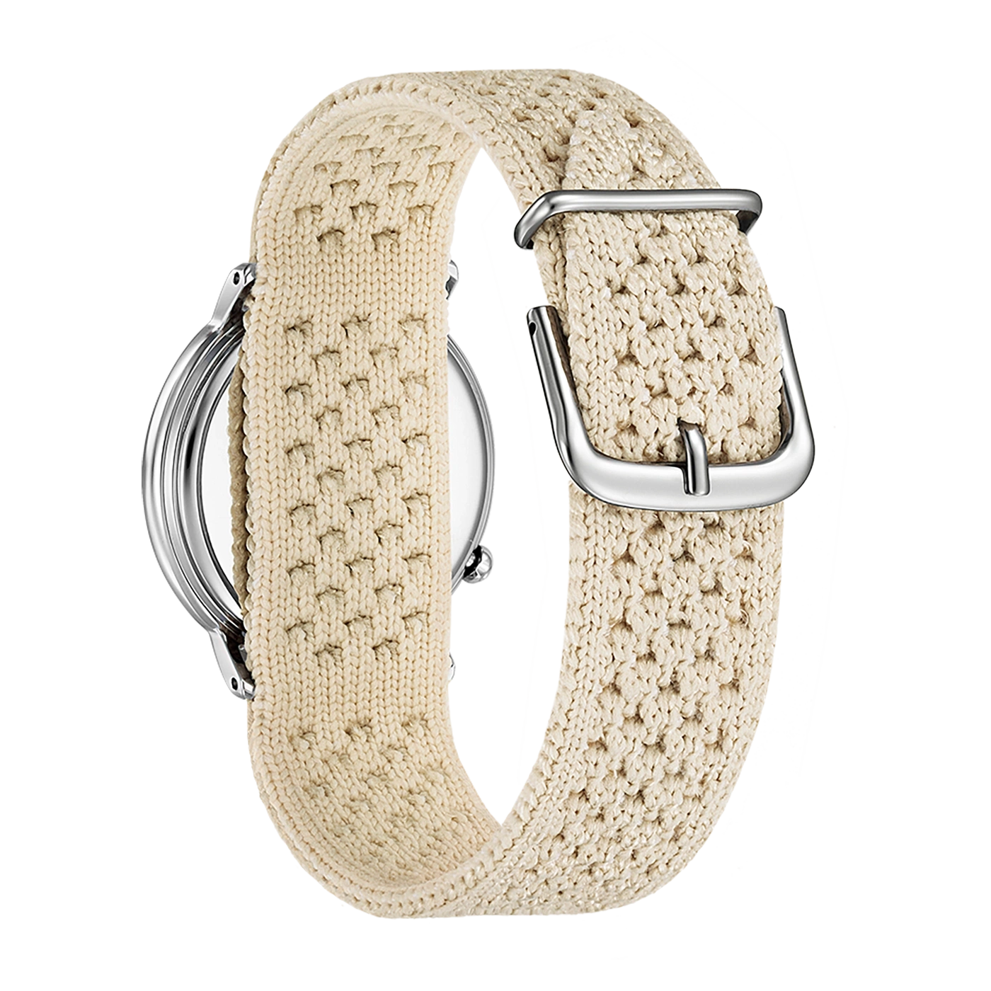 Close-up of a watch with a cream-colored knitted strap and silver buckle.