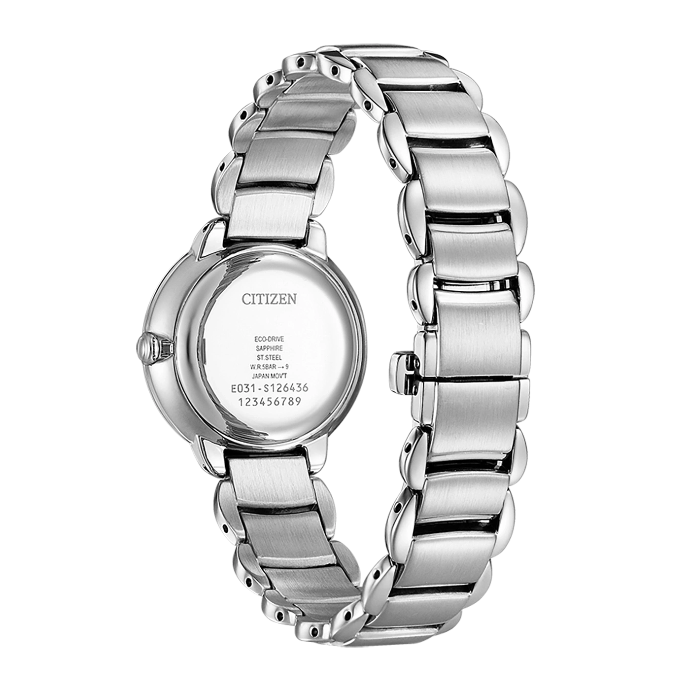 Citizen watch back, Eco-Drive, Sapphire, ST. Steel, W.R. 5BAR, Japan Movt, E031-S126436