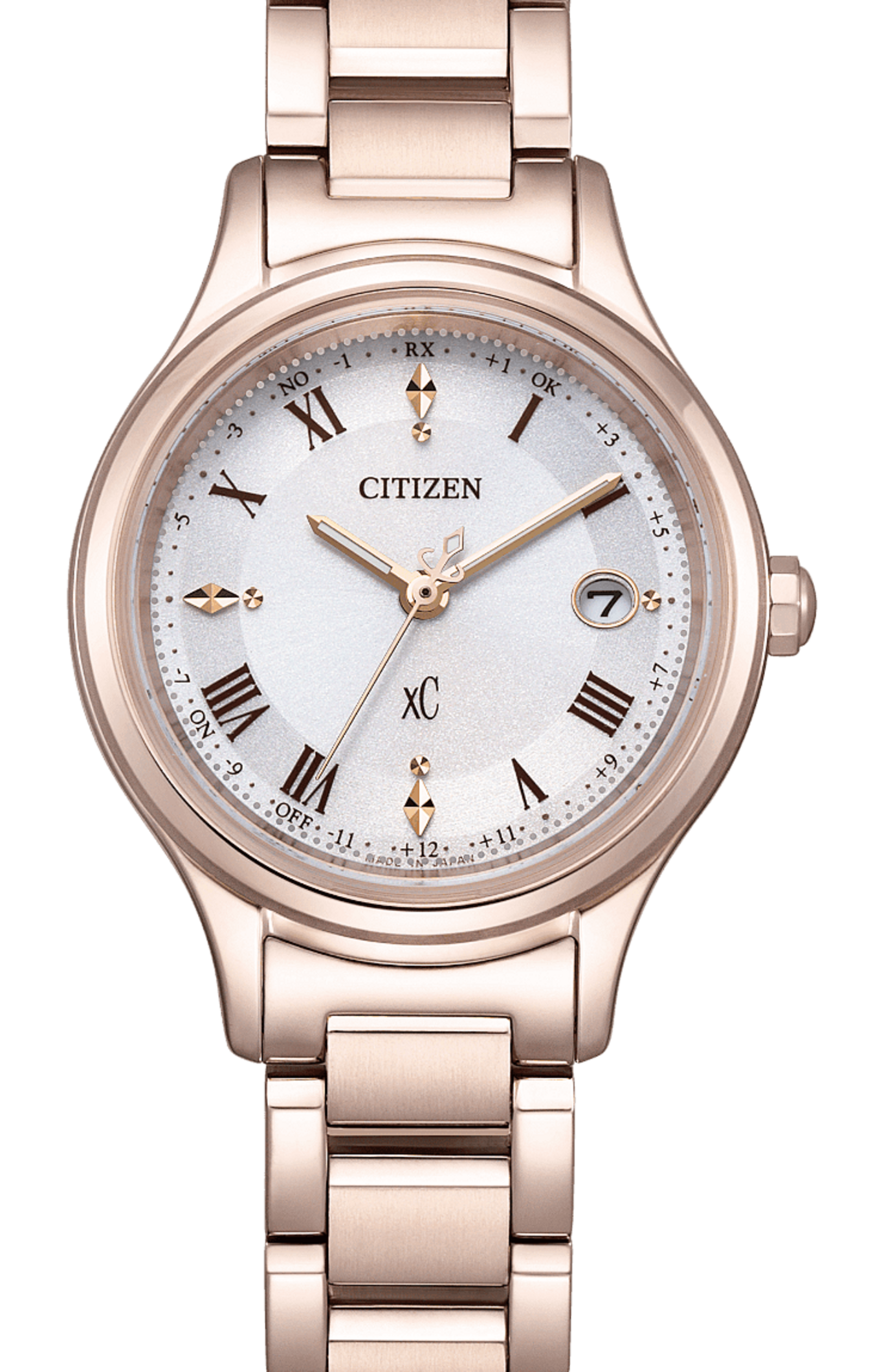 Citizen XC watch with rose gold band and white face, date display.