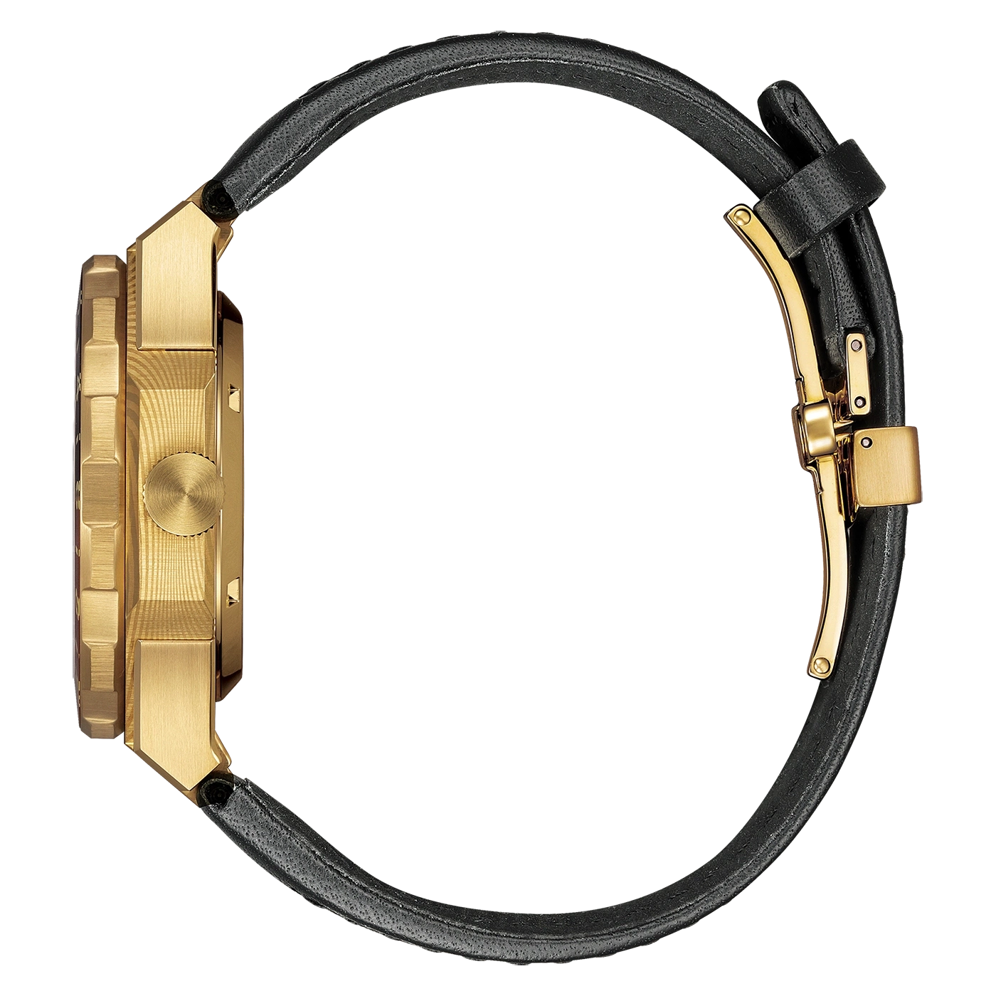 A gold watch with a black leather band.
