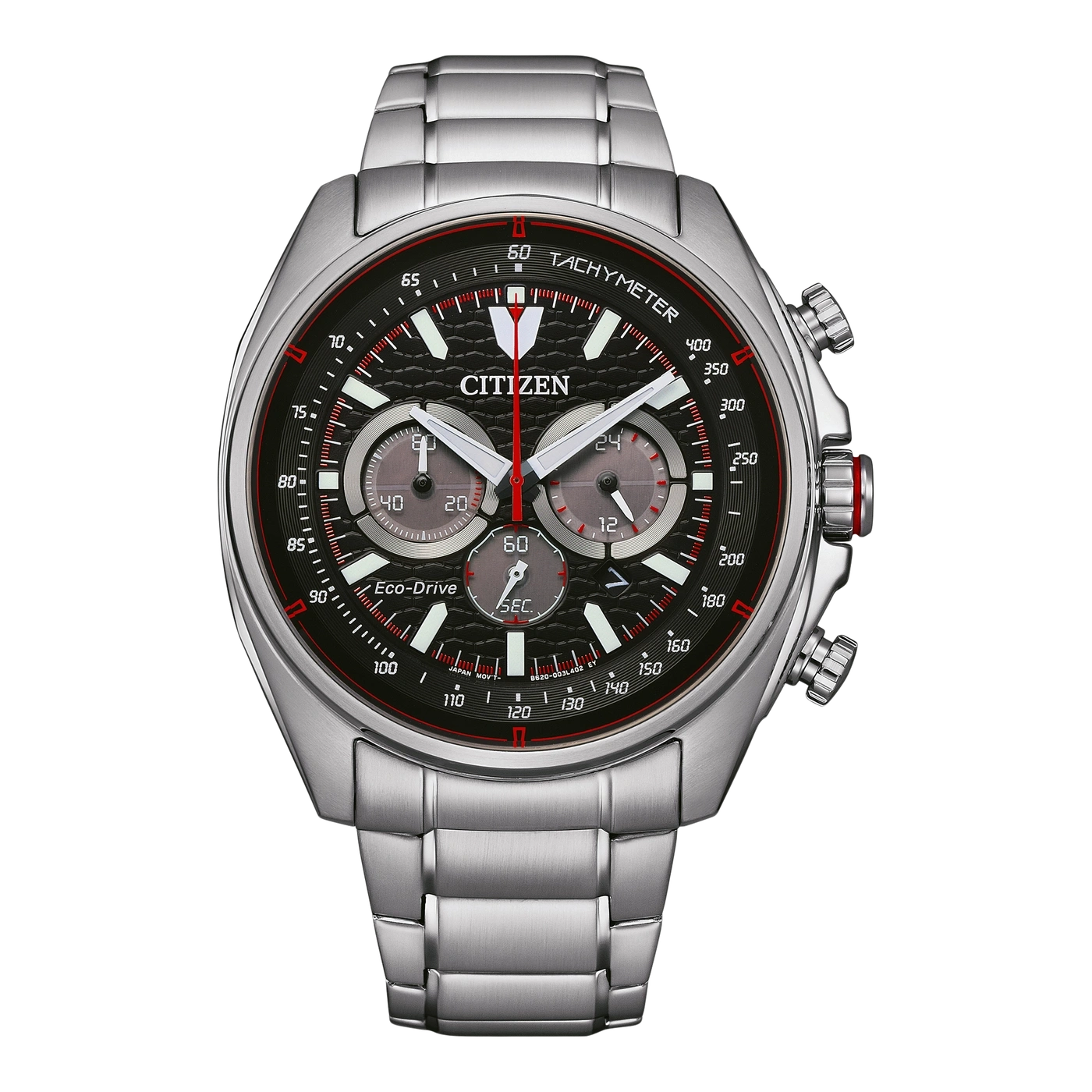 Citizen watch with black face, red accents, and silver band. Eco-Drive.