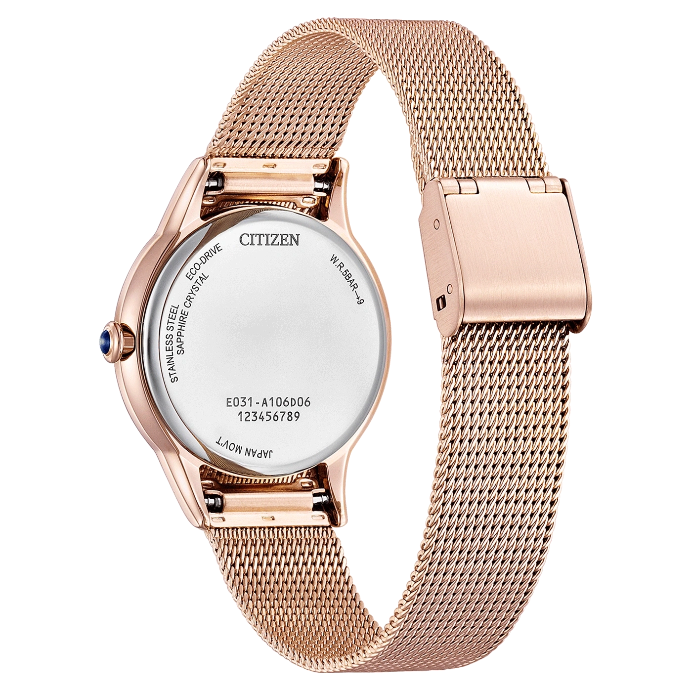 Rose gold Citizen watch, stainless steel, sapphire crystal, Eco-Drive, mesh strap.