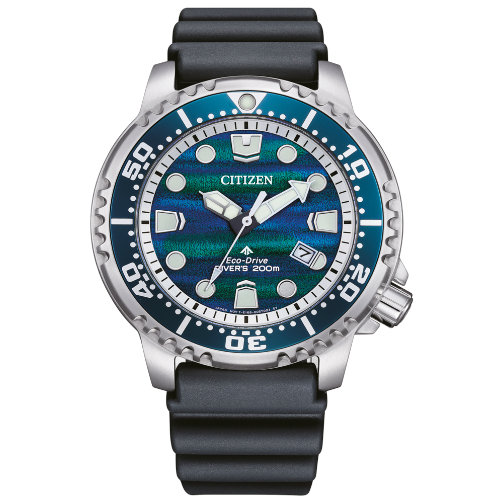 A Citizen Eco-Drive diver's watch with a blue and green textured dial and black strap.