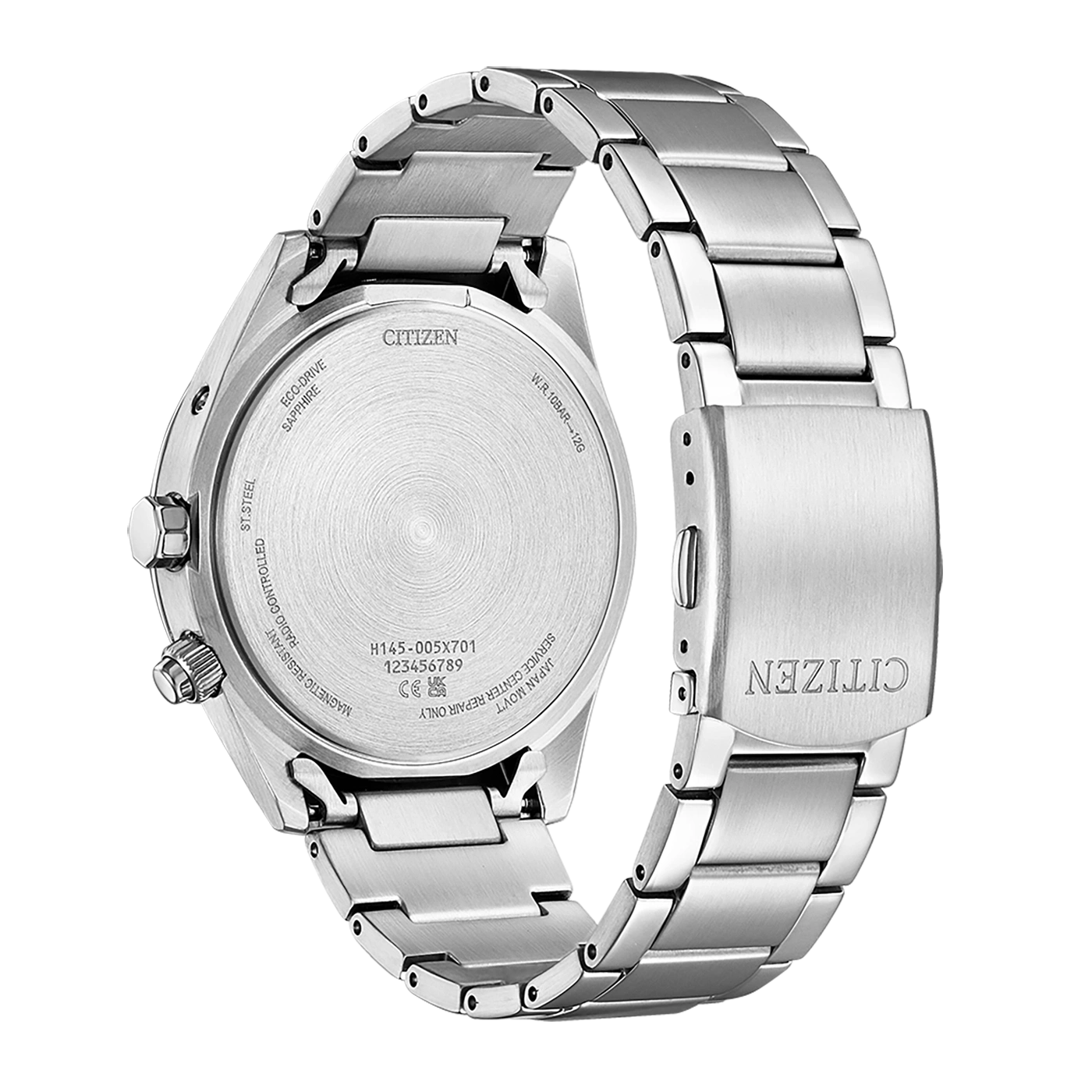 Citizen watch back, stainless steel, Eco-Drive, radio controlled, water resistant.