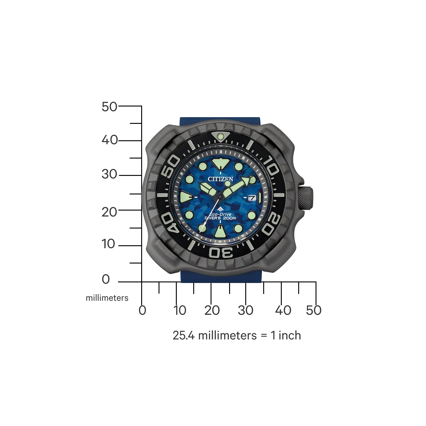 Citizen watch with blue face, black bezel, and blue strap. Eco-Drive Diver's 200m.