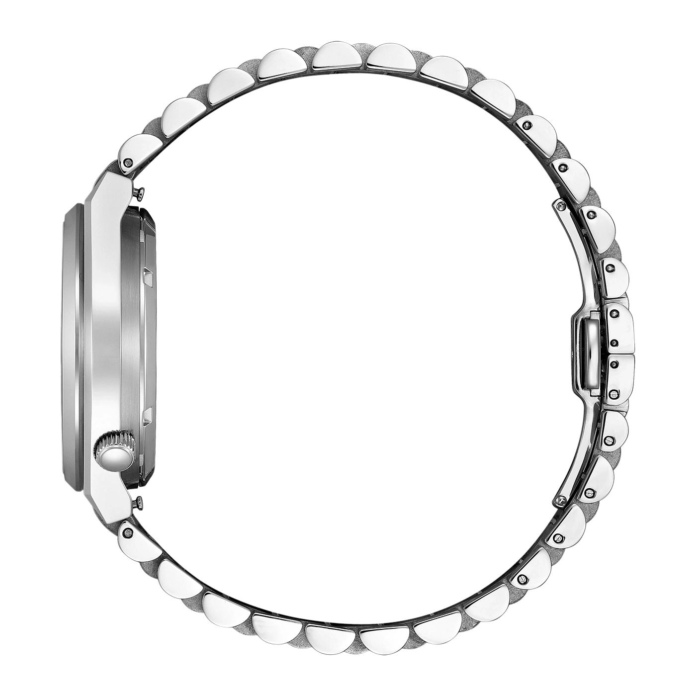 Silver watch with a round face and a metal bracelet, side view.