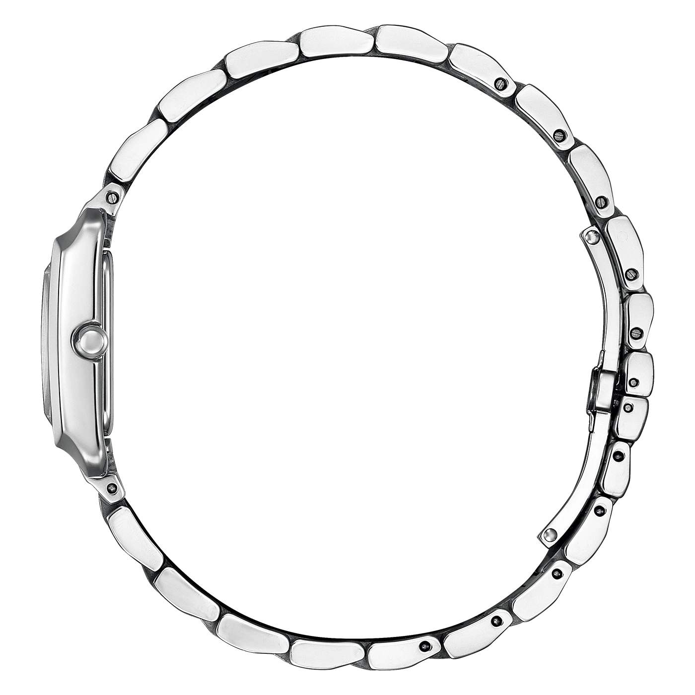 Side view of a silver wristwatch with a metal band, elegant design.