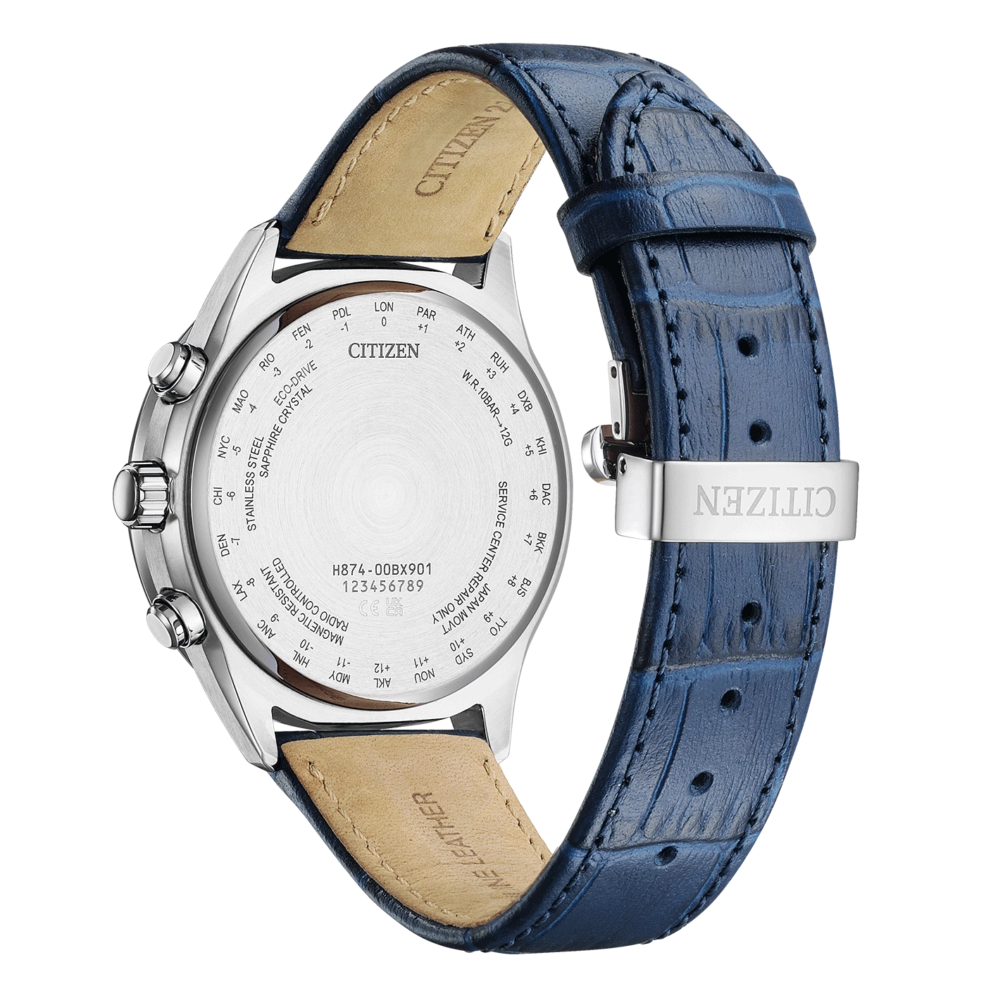 Citizen watch back with blue leather strap, stainless steel, and text details.