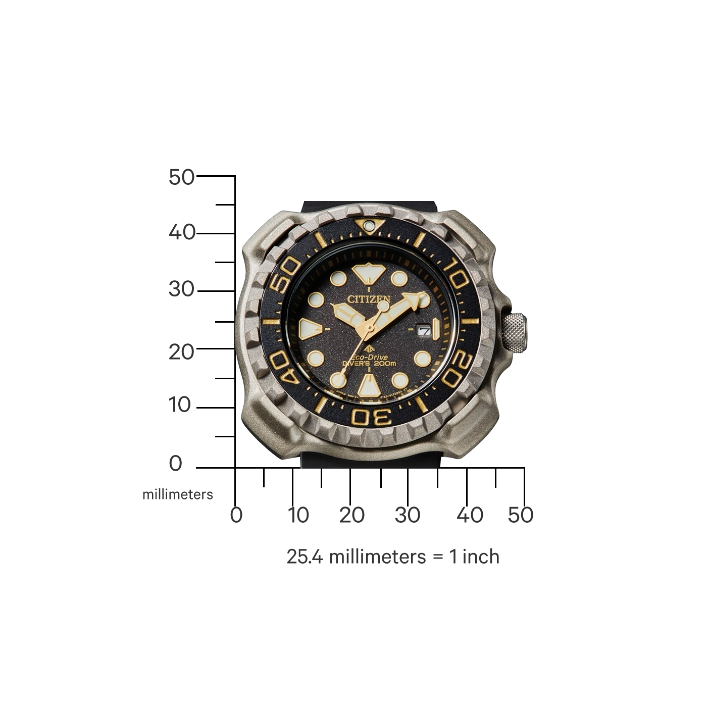 Citizen watch with black and gold details, measuring scale in millimeters.