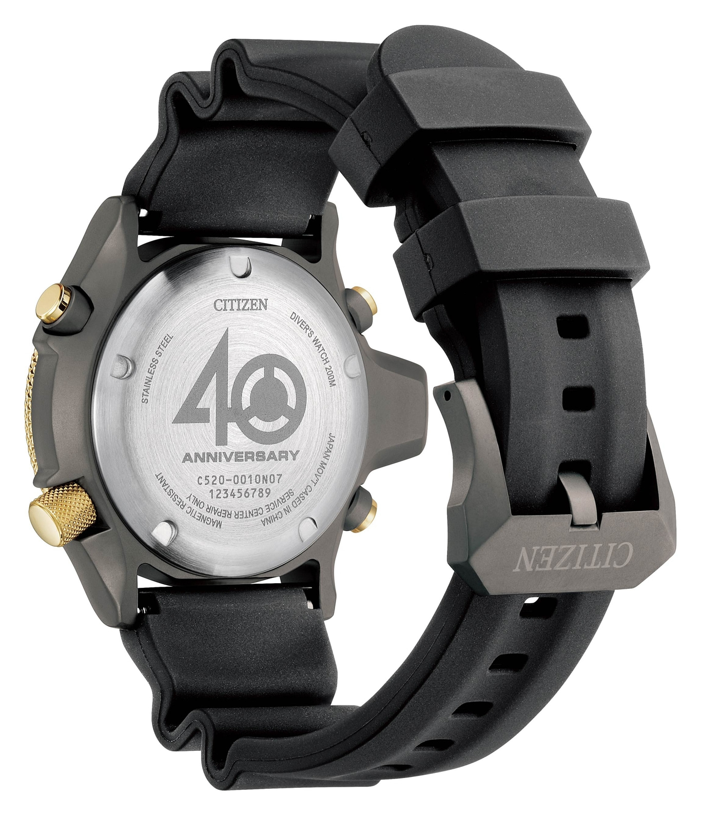 Citizen watch back with anniversary text, black strap, gold accents, and stainless steel.