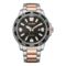 Citizen watch with black face, rose gold accents, and stainless steel band.