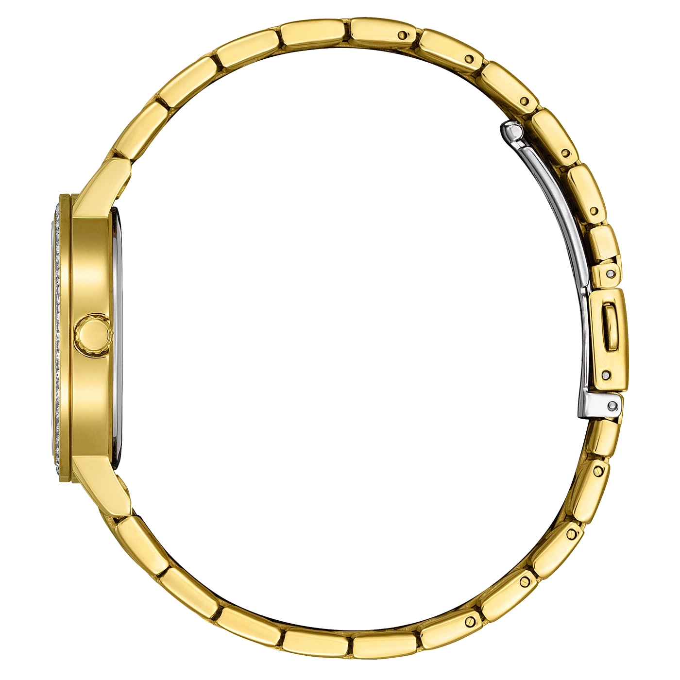 Gold watch with a diamond-studded bezel and a gold bracelet, side view.