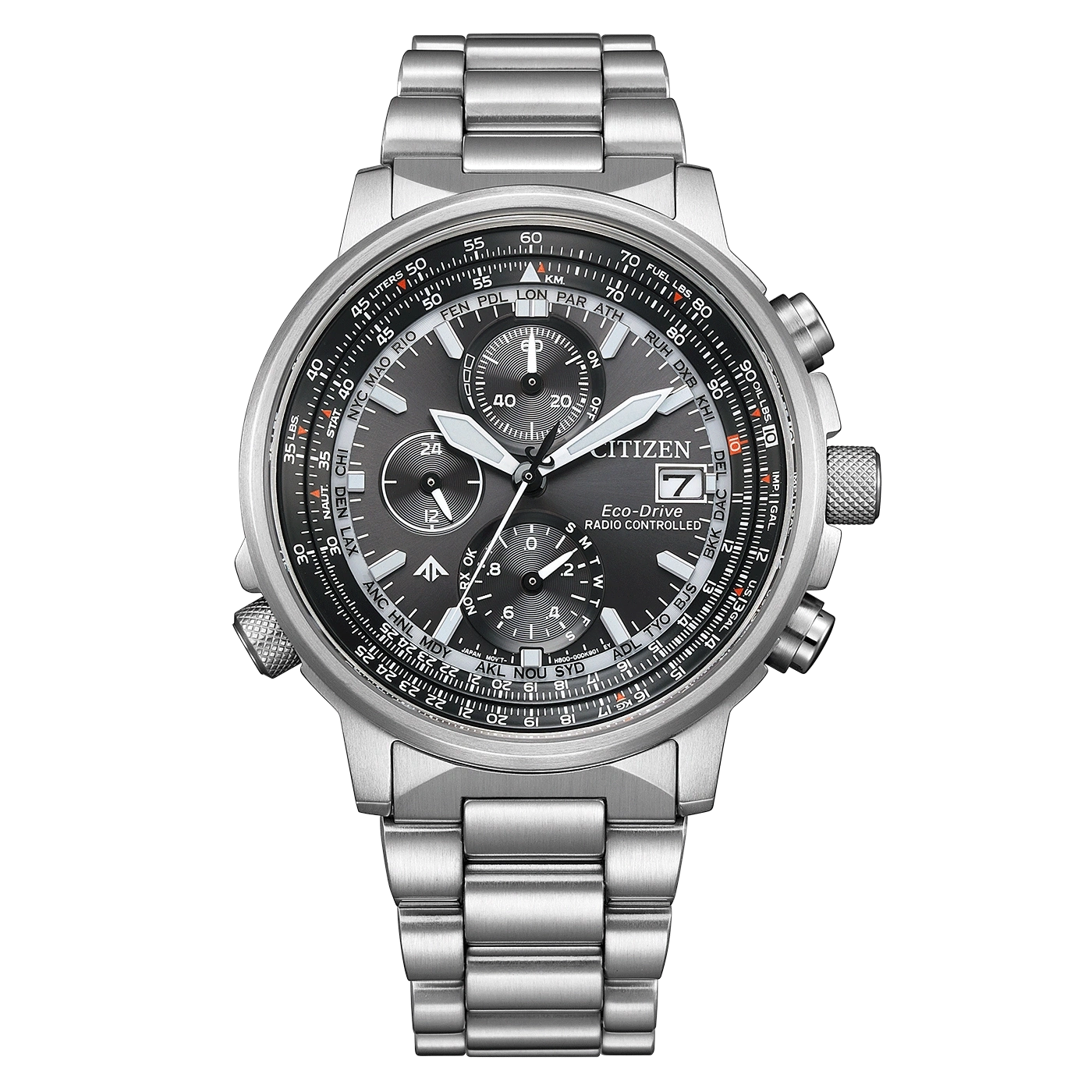 Citizen watch with multiple dials, silver band, and Eco-Drive technology, showing time and date.