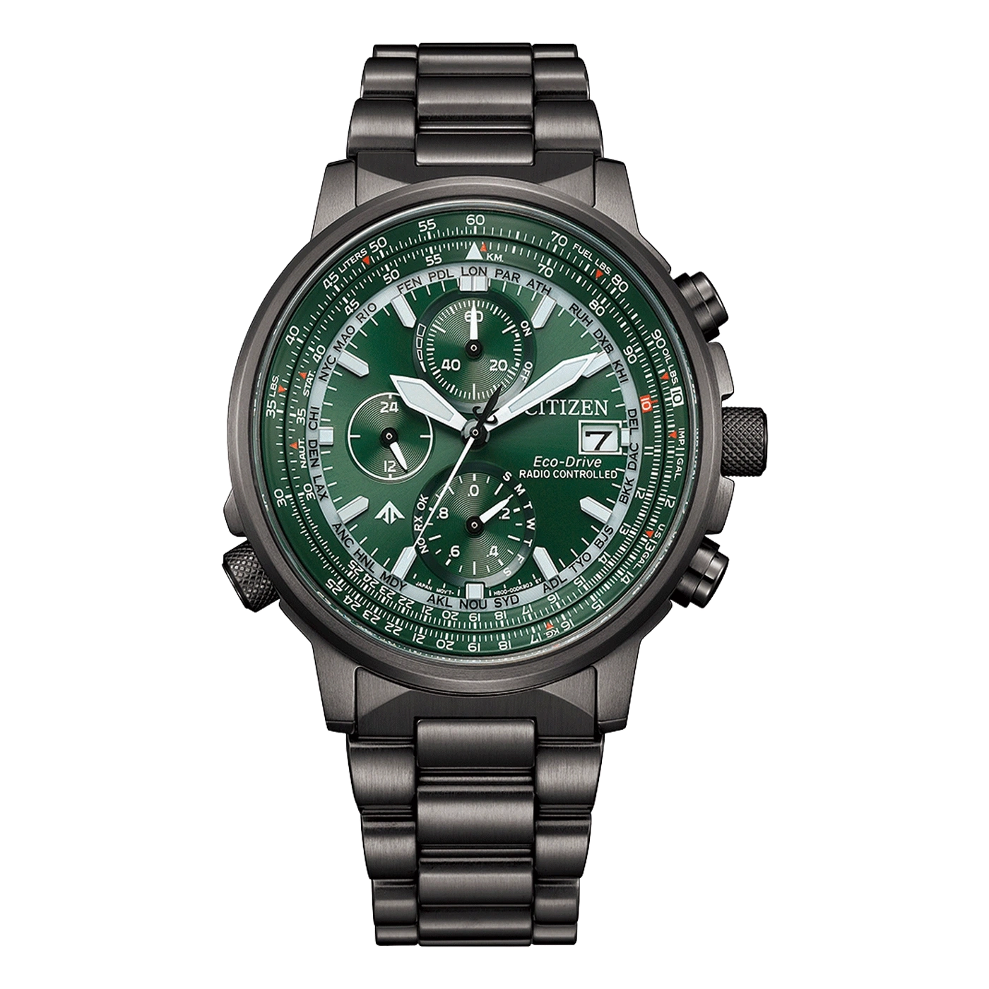 Citizen watch with green face and black band, Eco-Drive, radio controlled.