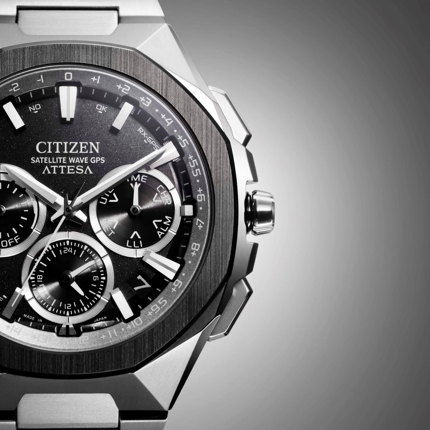 Citizen Attesa watch, black dial, silver case, chronograph, GPS, time zones, Japan made.