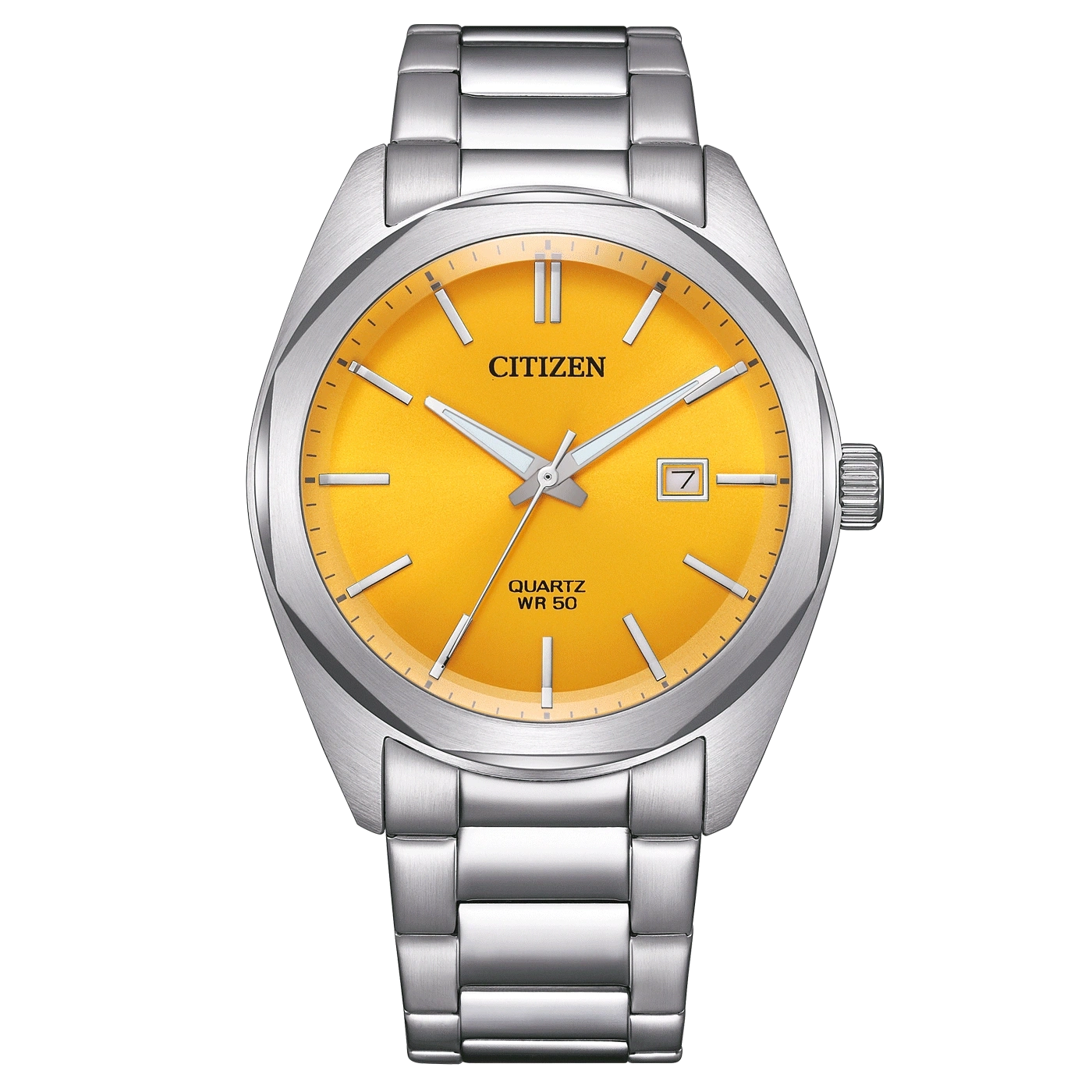 Citizen watch with a yellow dial and silver strap, quartz movement.