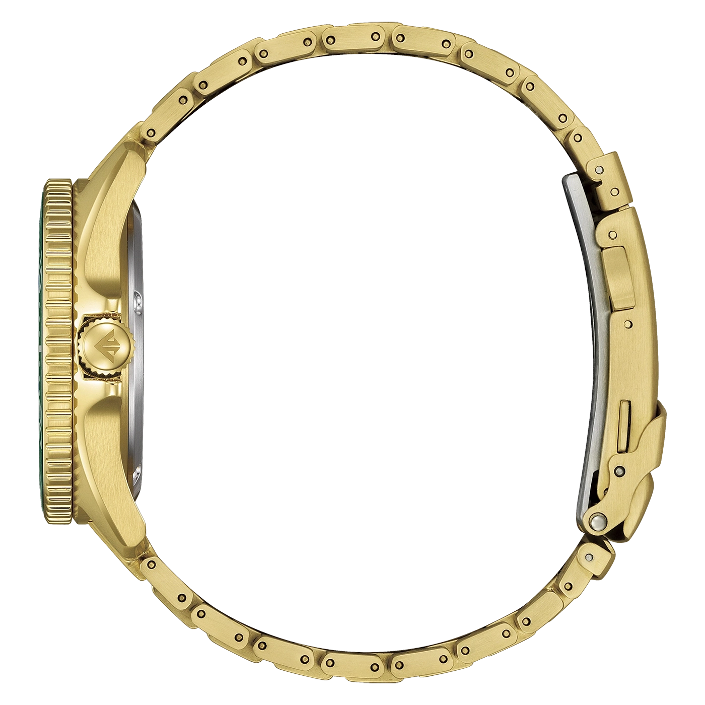 Side view of a gold watch with a link bracelet.