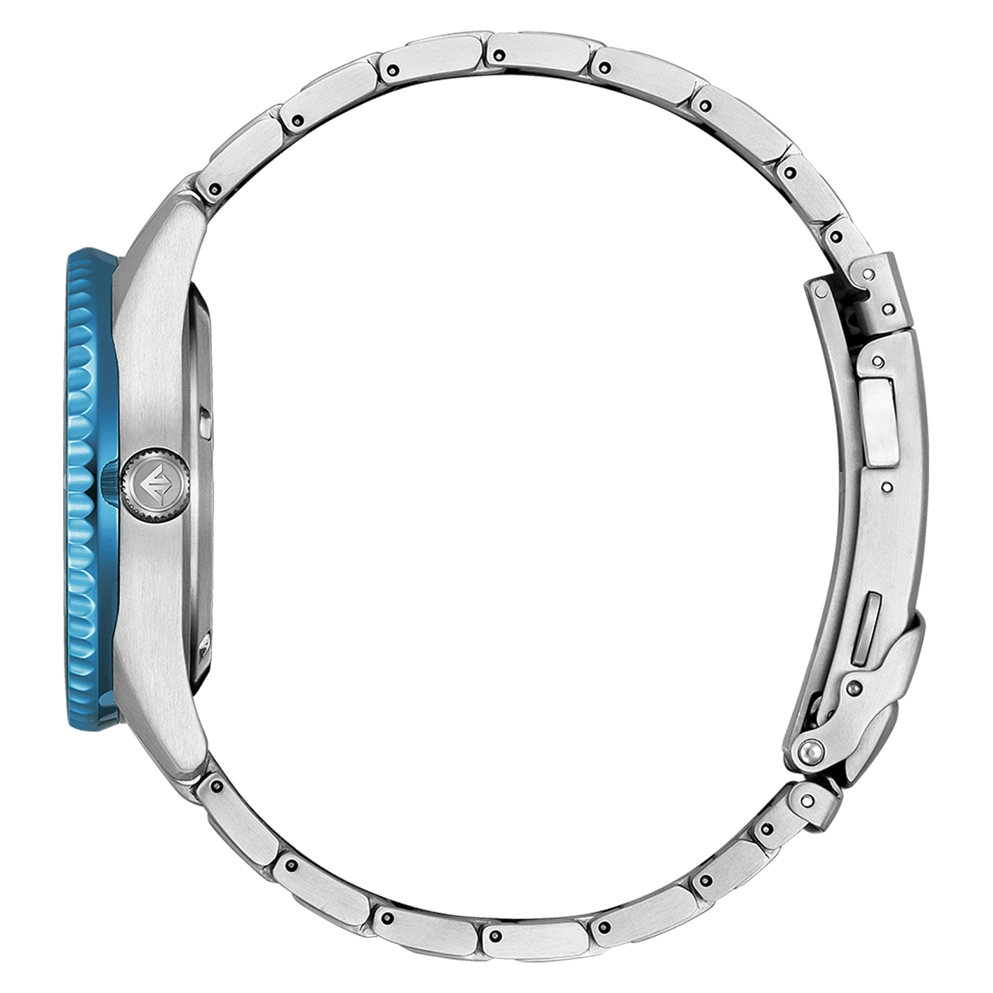 Side view of a silver watch with a blue bezel and band.