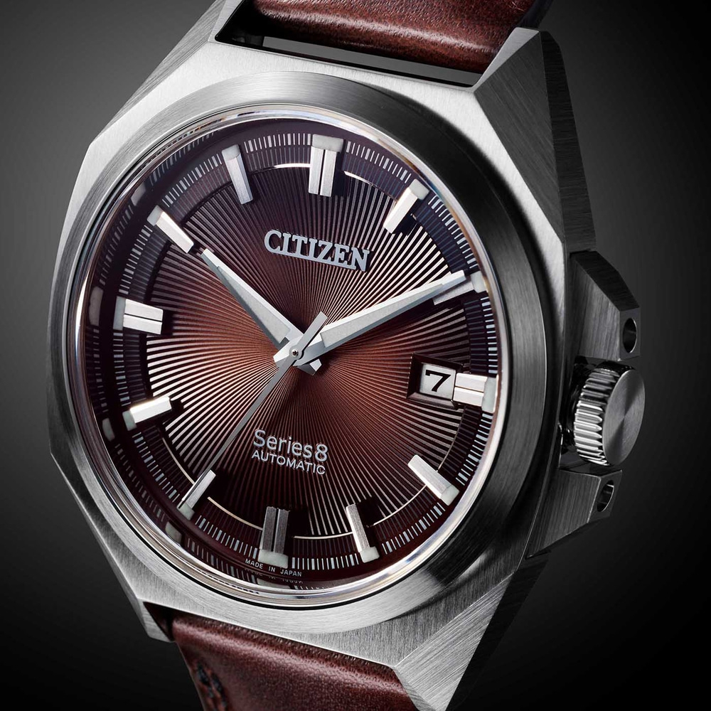 Citizen Series 8 automatic watch with brown leather strap and brown dial