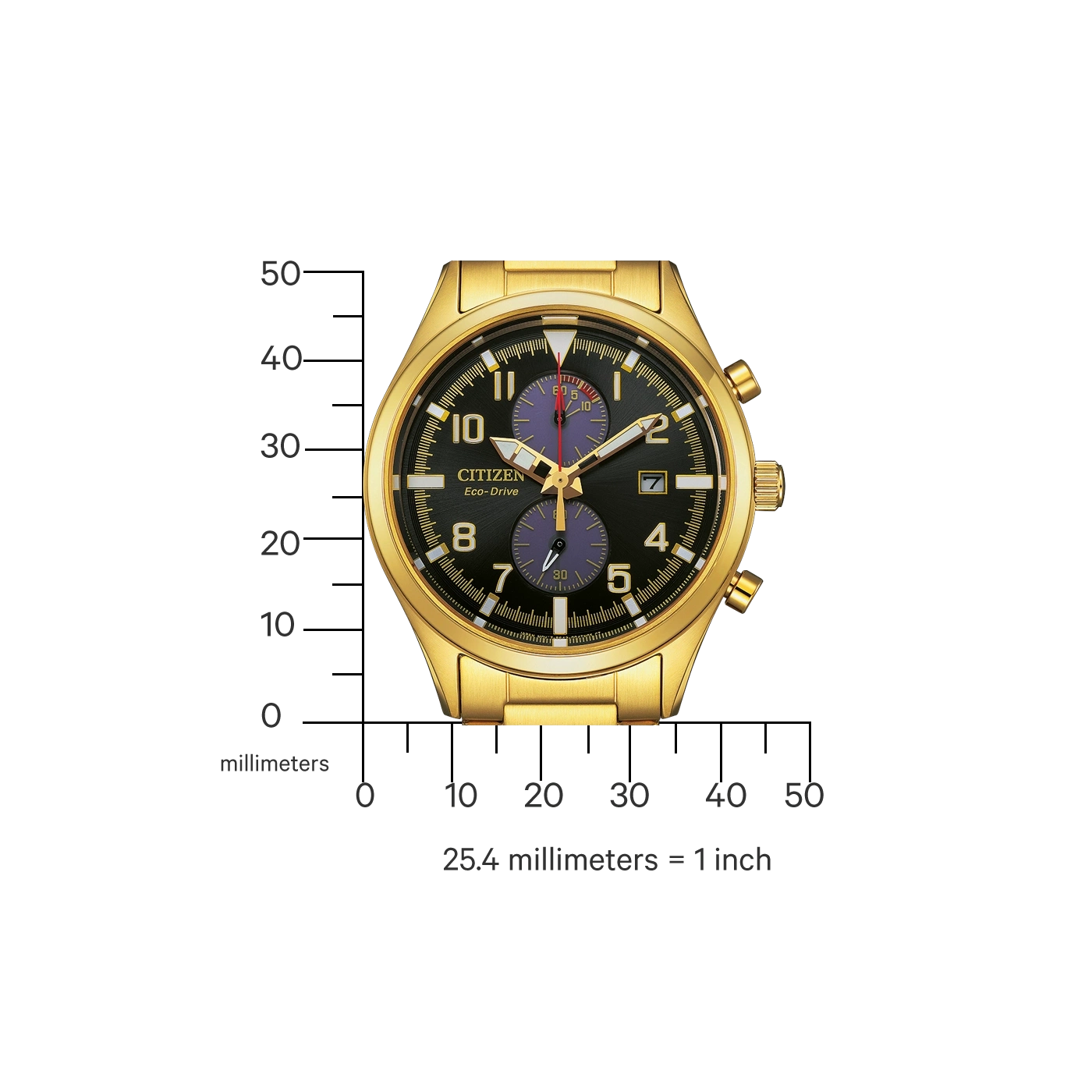 Gold Citizen watch with black face and chronograph features, measuring scale.