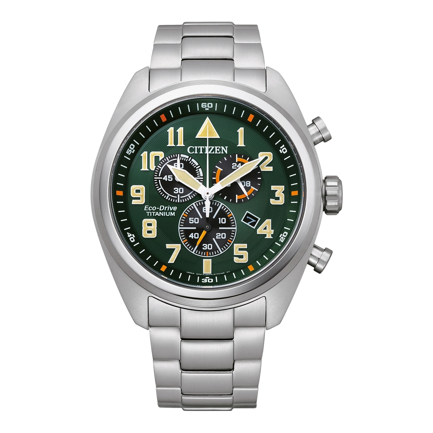 Citizen watch with green dial, titanium, chronograph, Eco-Drive, and silver bracelet.