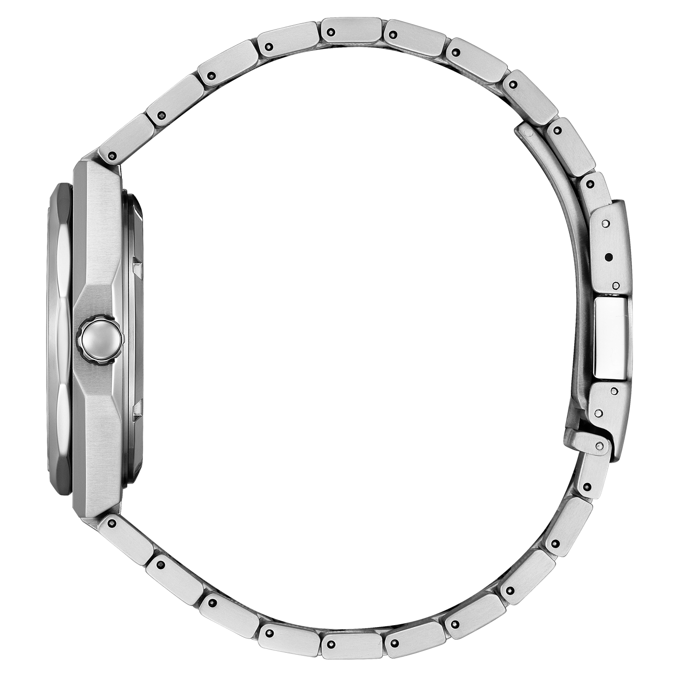 Side view of a silver wristwatch with a metal band, elegant design