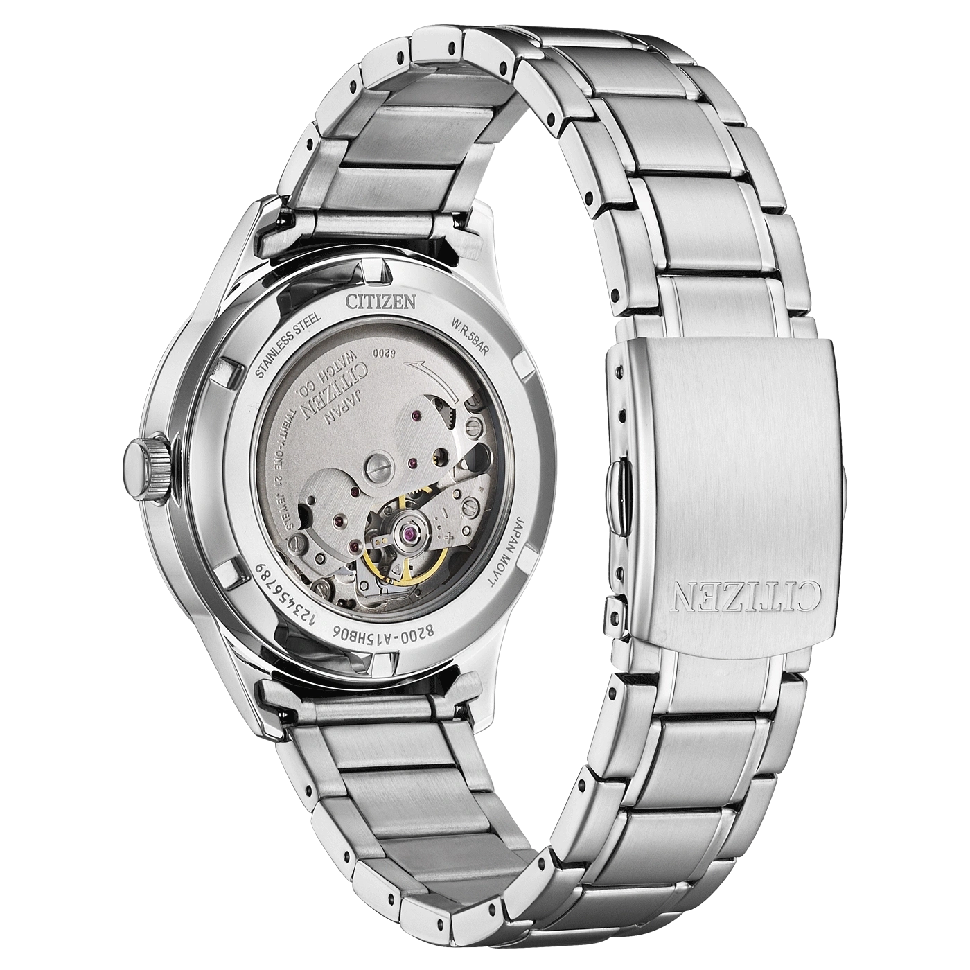Citizen watch back, stainless steel, automatic movement, visible mechanism, Japan