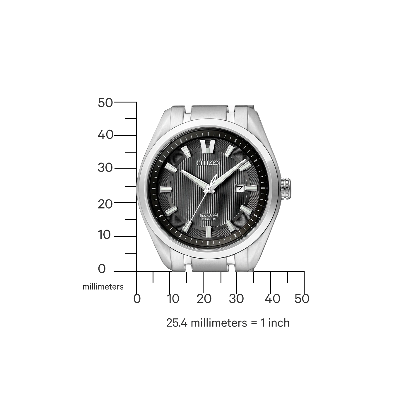 Citizen watch with black face, titanium, Eco-Drive, and measurement scale.