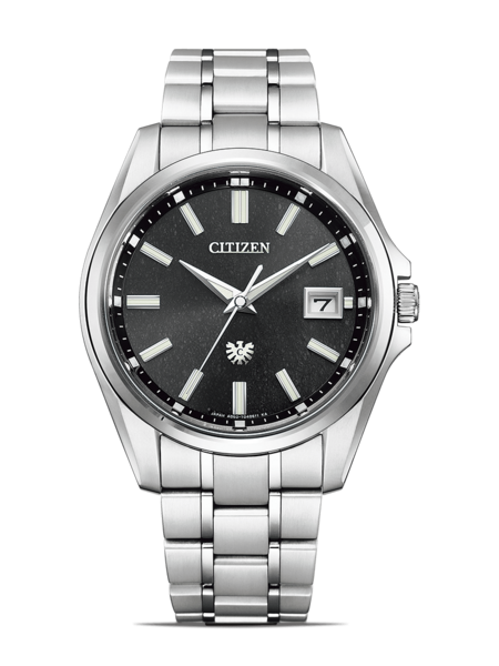 Citizen-Uhr mit schwarzem Zifferblatt und silbernem Armband, Datumsanzeige.