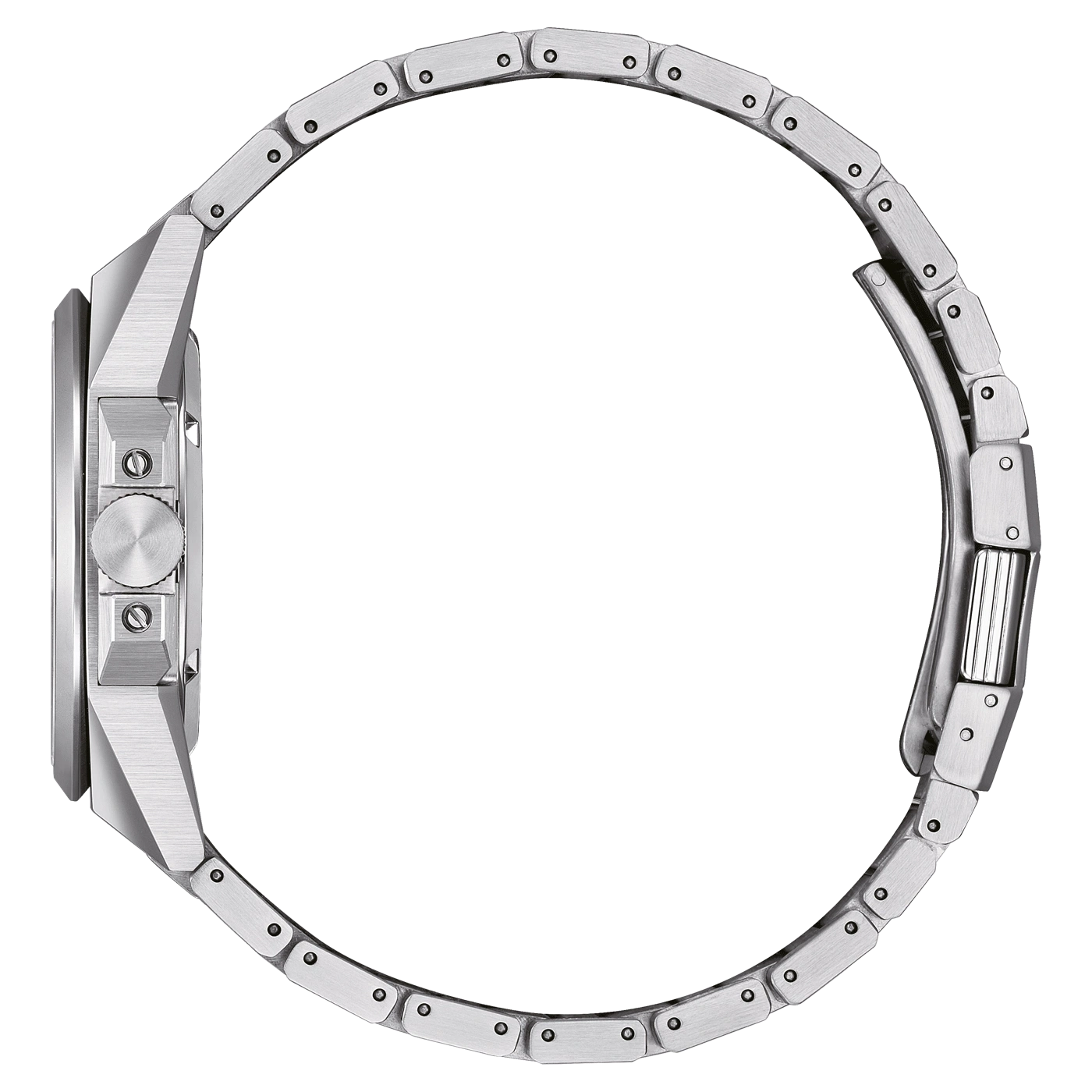 Side view of a silver wristwatch with a metal band, showing the watch's details.